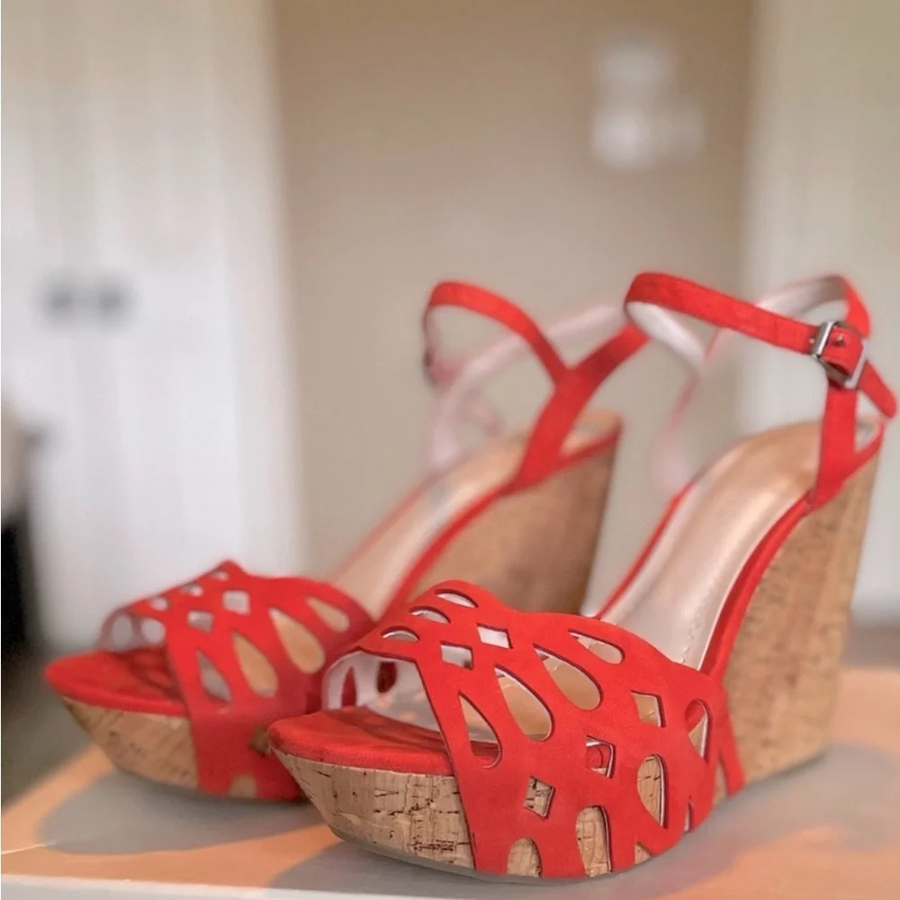 BCBGeneration Red Cutout Wedge Sandals - Picture 16 of 16